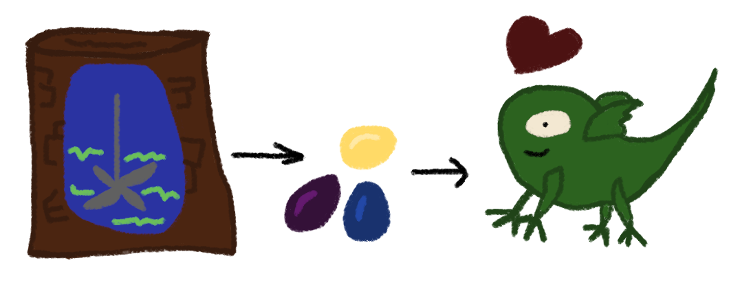 A hand offering kibble to a pudgy lizard.